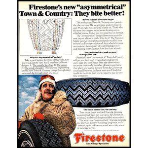 1970 Firestone Town and Country Studded Snow Tire Vintage Print Ad Fur Coat Art